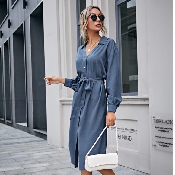 Bishop Sleeve Self Belted Dress - Picture 2 of 5